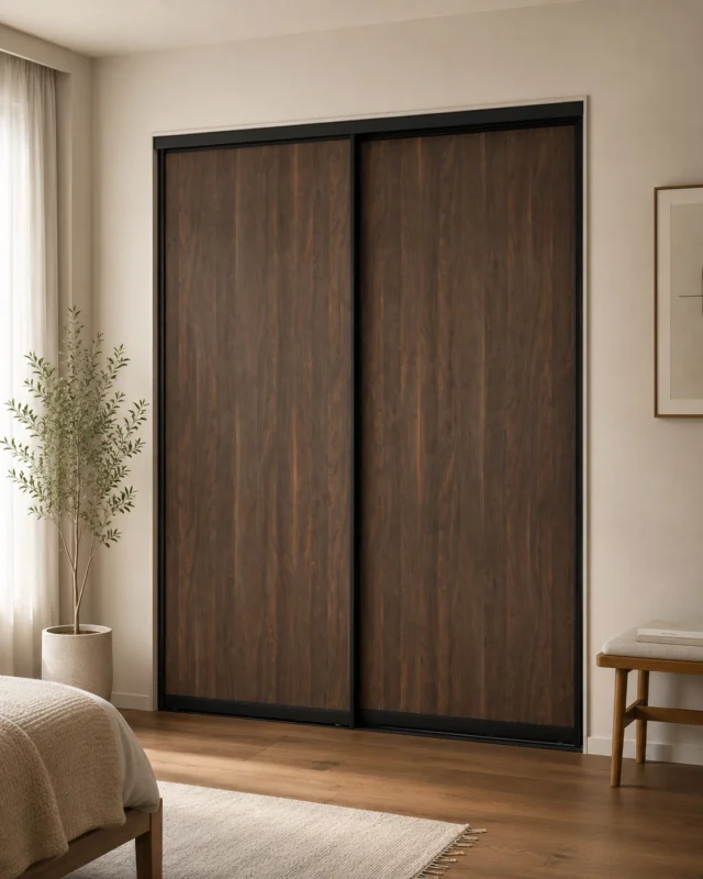 Sliding wardrobe doors in Walnut Brown with black profiles in a bedroom