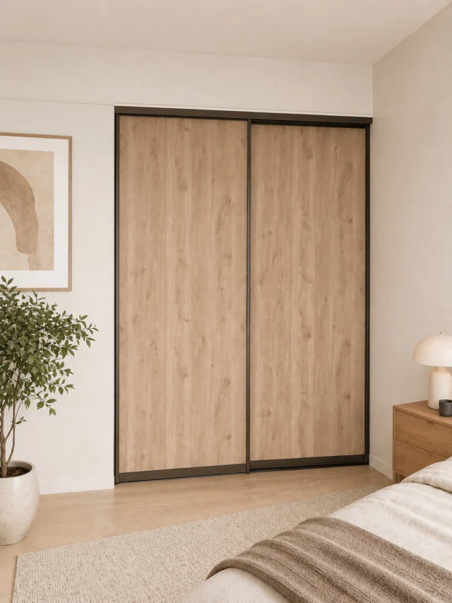 Sliding wardrobe doors in Oak White with bronze profiles in a bedroom