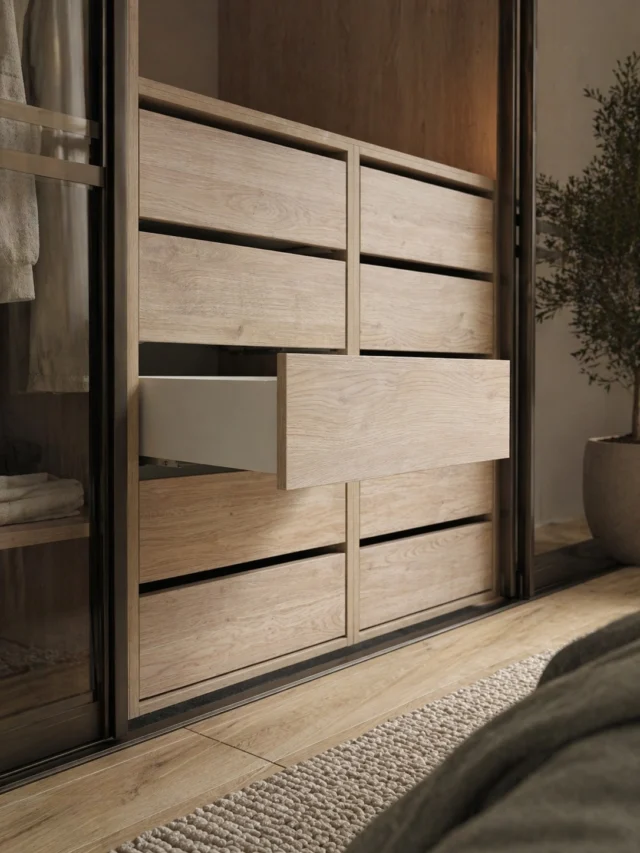 Close-up of oak wardrobe drawers at half height behind a sliding door