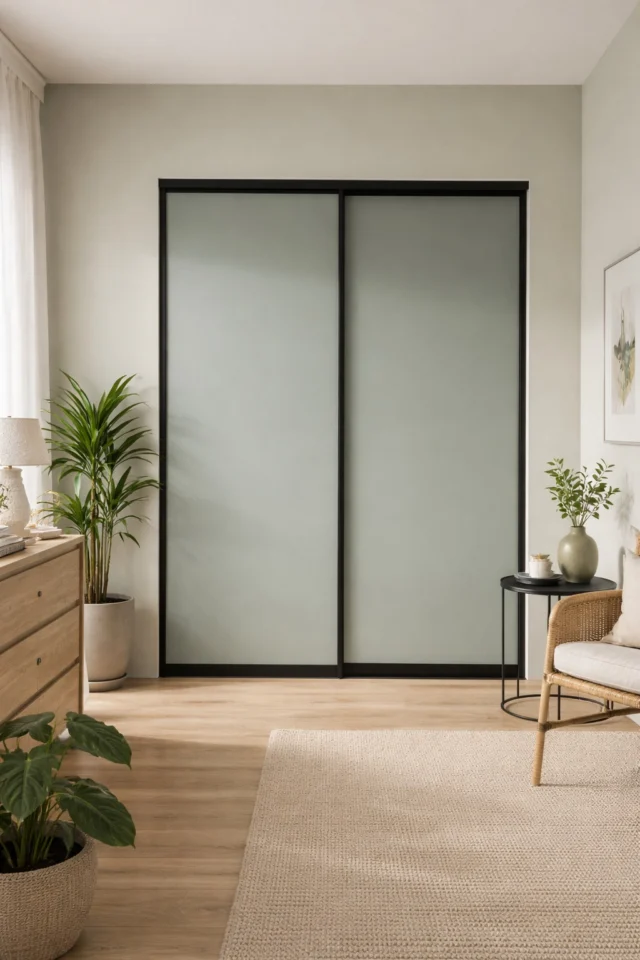 Bedroom with pale sage green sliding wardrobe doors in black profiles