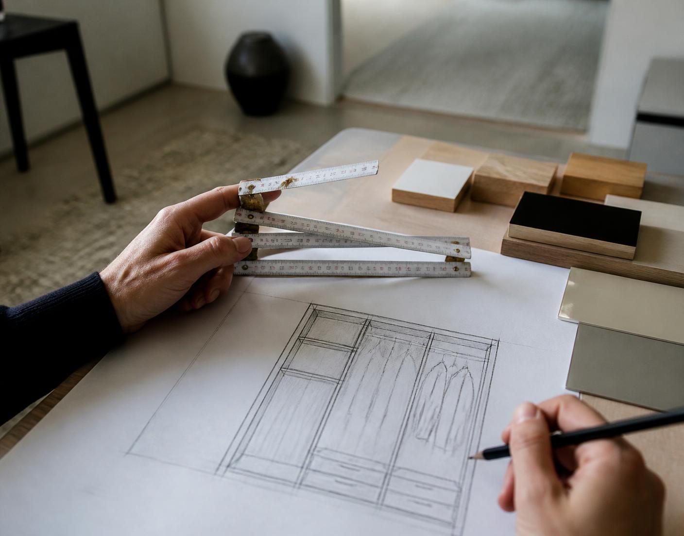 Measuring with a folding rule, a sketch on paper and material samples on a table