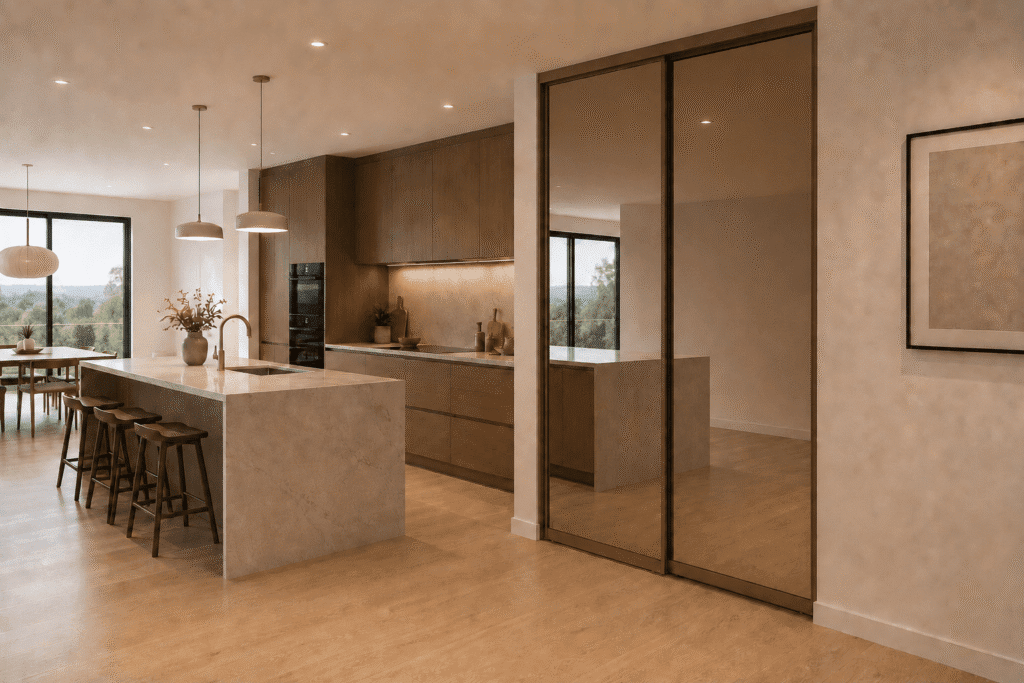 Kitchen and dining area with a bronze mirror sliding door in a dark frame.