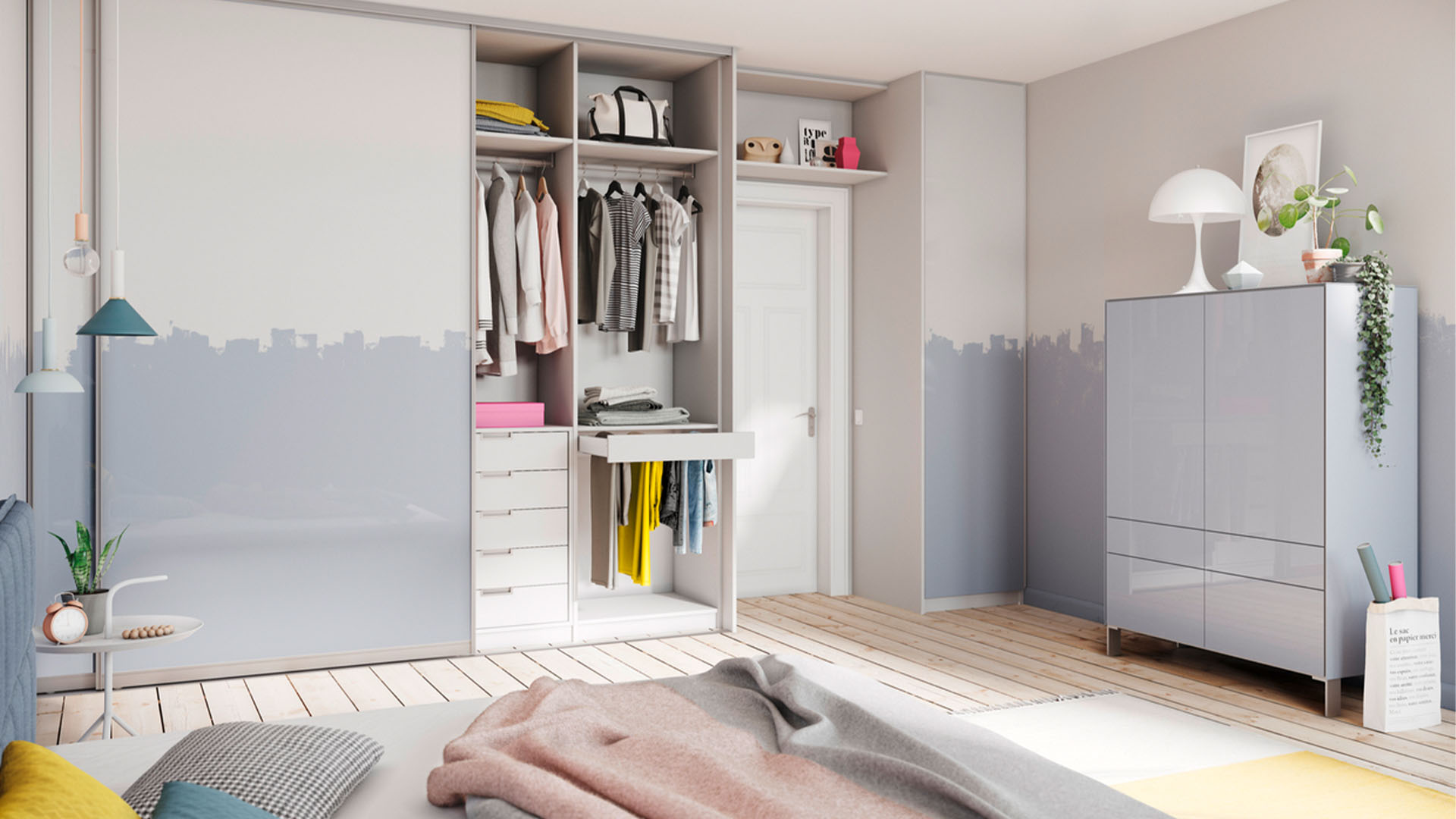 Illustration of a bedroom wardrobe with a grey sliding door, an open section with hanging clothes and shelves, and a chest of drawers beside it.