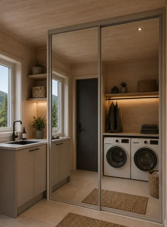 Laundry room with mirrored sliding doors, a sink cabinet and a washer and dryer